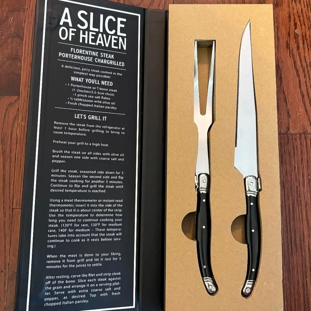 French Style Steak Knife Set of 2 | Black Handle Carving Knives Gift Box